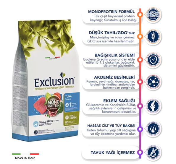 Exclusion Monoprotein Ton Balıklı ve Narlı Düşük Tahıllı Küçük Irk Yetişkin Köpek Maması 2 Kg