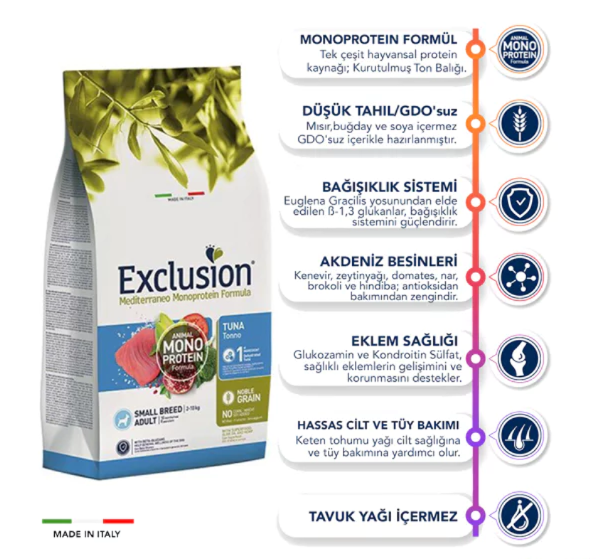 Exclusion Monoprotein Ton Balıklı ve Narlı Düşük Tahıllı Küçük Irk Yetişkin Köpek Maması 7 Kg