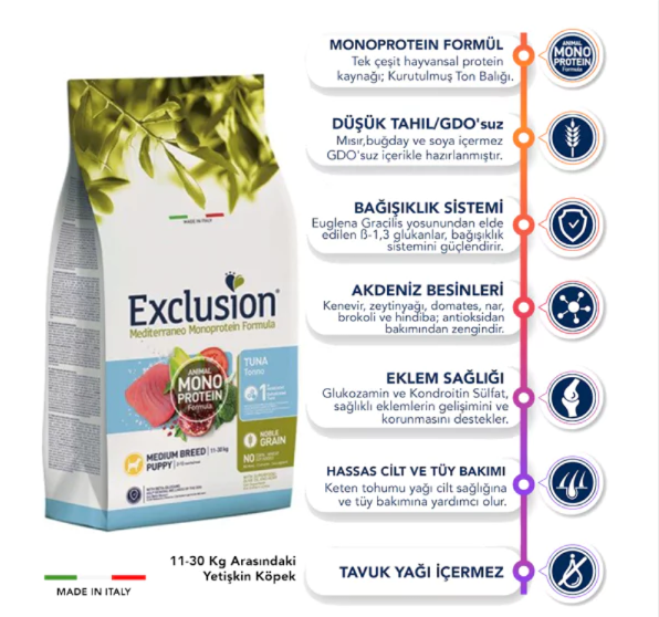 Exclusion Monoprotein Ton Balıklı ve Narlı Düşük Tahıllı Orta Irk Yavru Köpek Maması 12 Kg